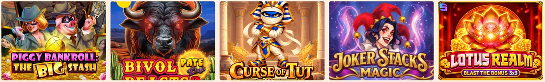 Wild Wild Casino selectie van gokkasten met Piggy Bankroll The Big Stash, Bivol, Curse of Tut, Joker Stacks Magic en Lotus Realm
